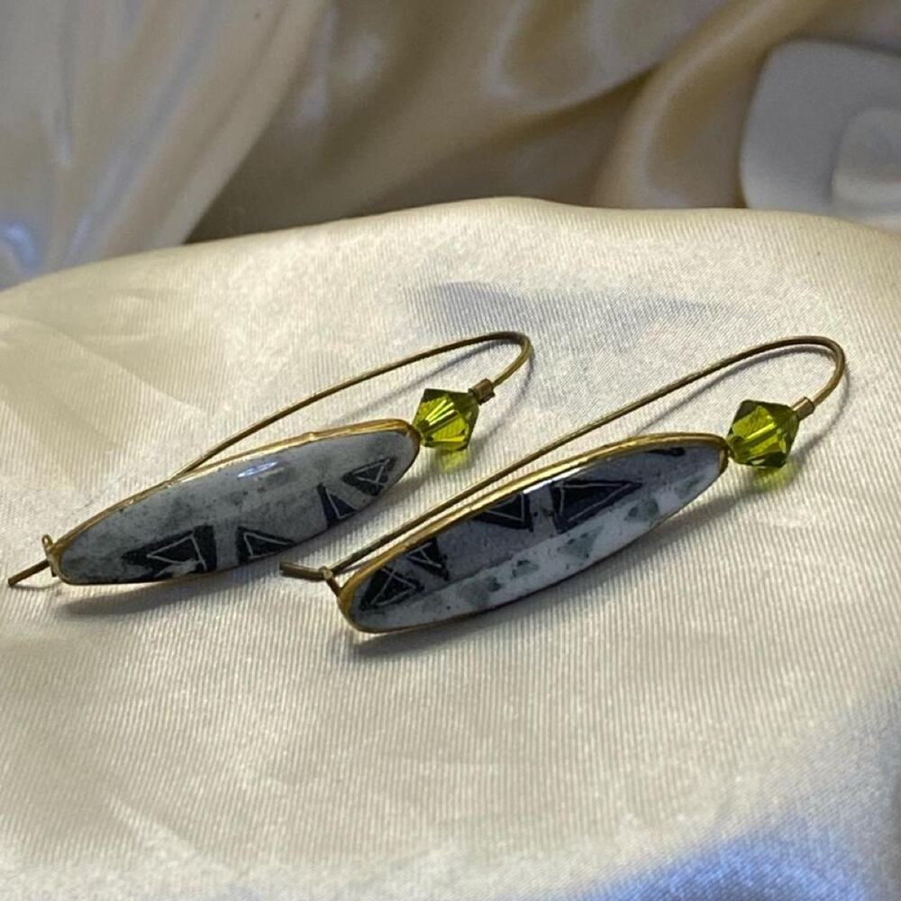Rare Vintage Boho Artisan Earrings Geometric Black Gray Drops Olive Green Dangle